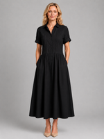 Women's Pleated Shirt Maxi Dress with Pockets – Relaxed Flattering Fit