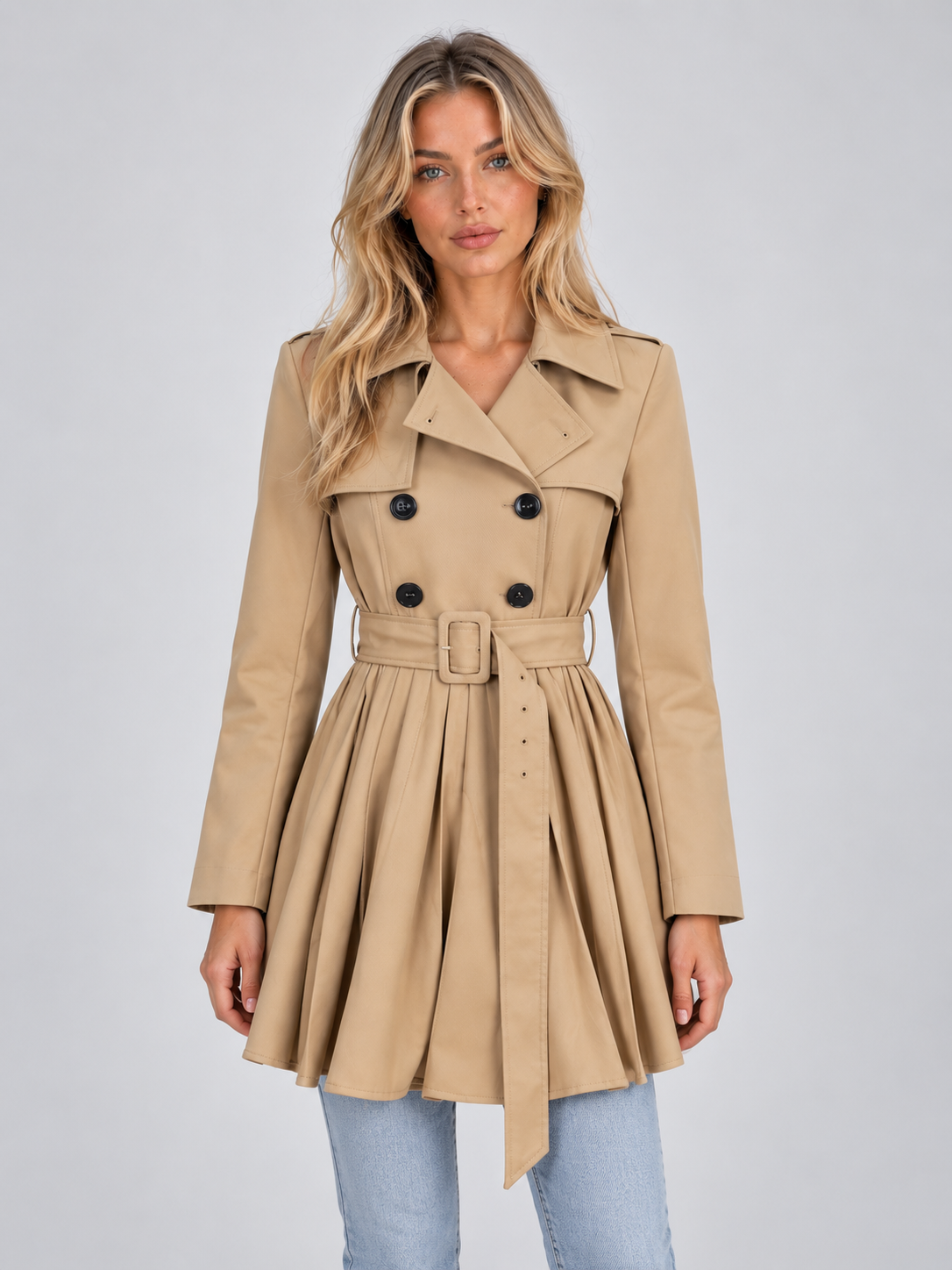 Women’s Pleated Skirt Trench Coat – Double Breasted Belted Jacket