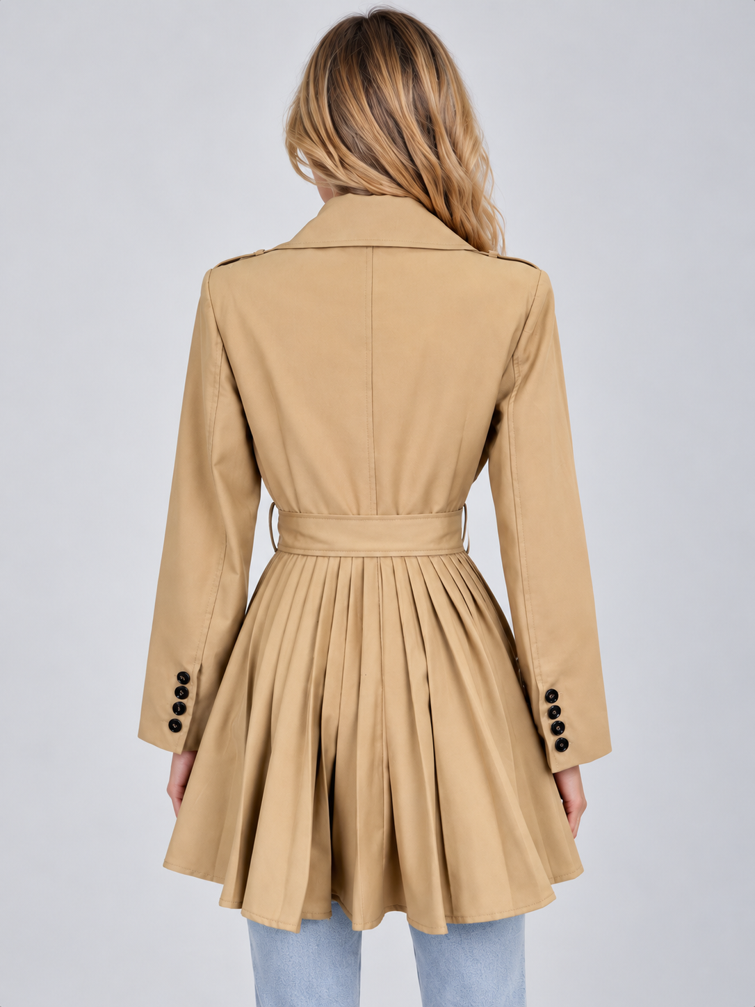 Women’s Pleated Skirt Trench Coat – Double Breasted Belted Jacket