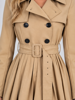 Women’s Pleated Skirt Trench Coat – Double Breasted Belted Jacket