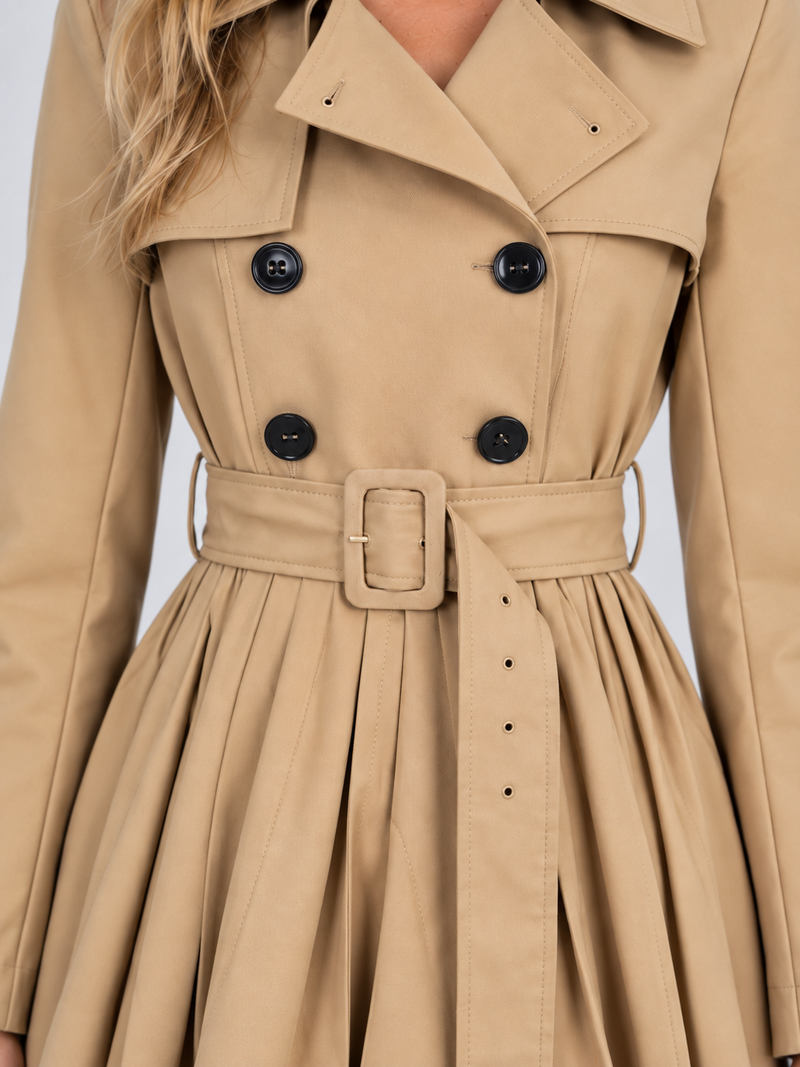 Women’s Pleated Skirt Trench Coat – Double Breasted Belted Jacket