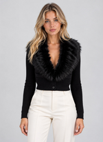 Women’s Plush Faux Fur Collar Cardigan – Ribbed Button Front Knitwear