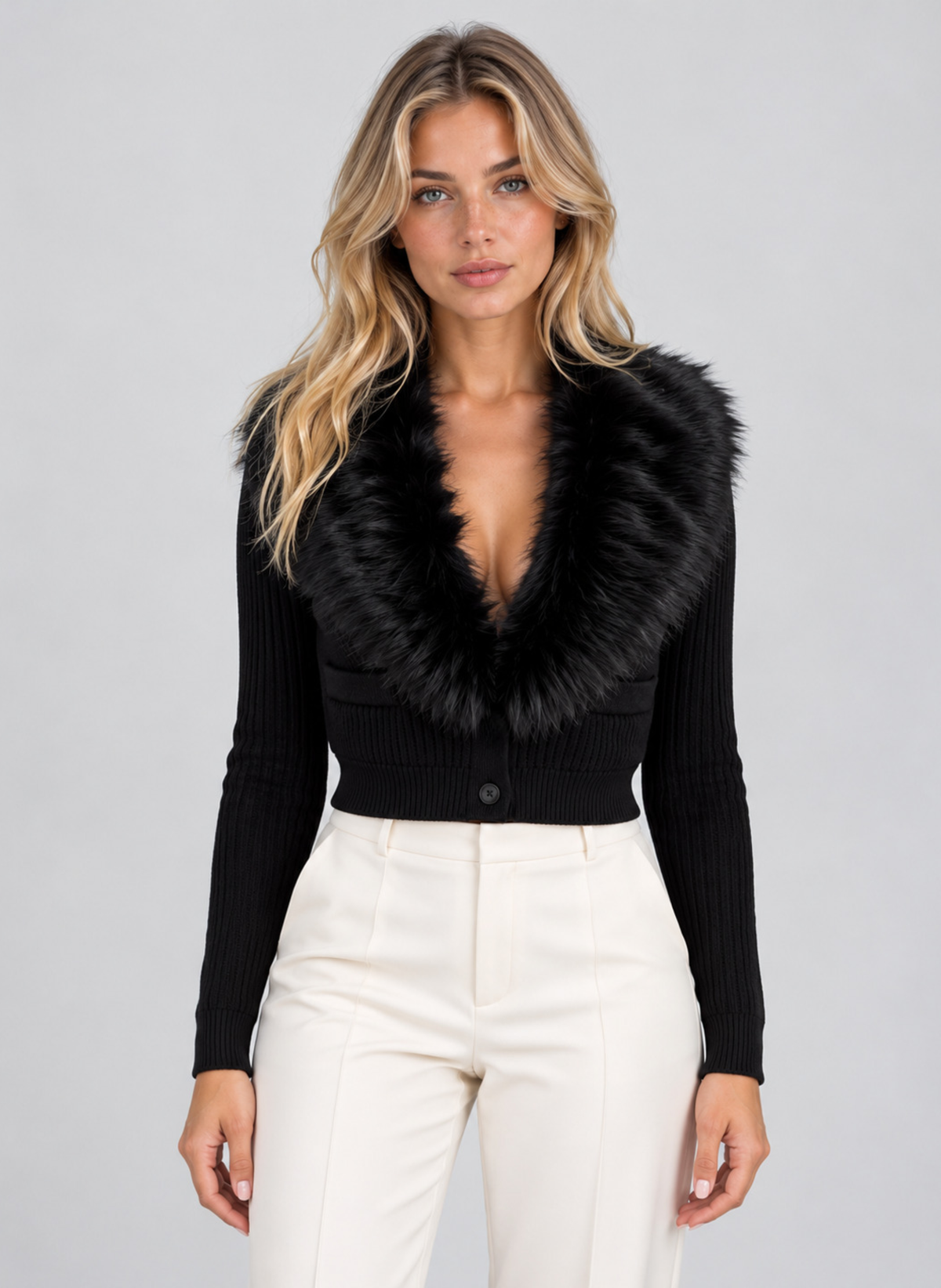 Women’s Plush Faux Fur Collar Cardigan – Ribbed Button Front Knitwear