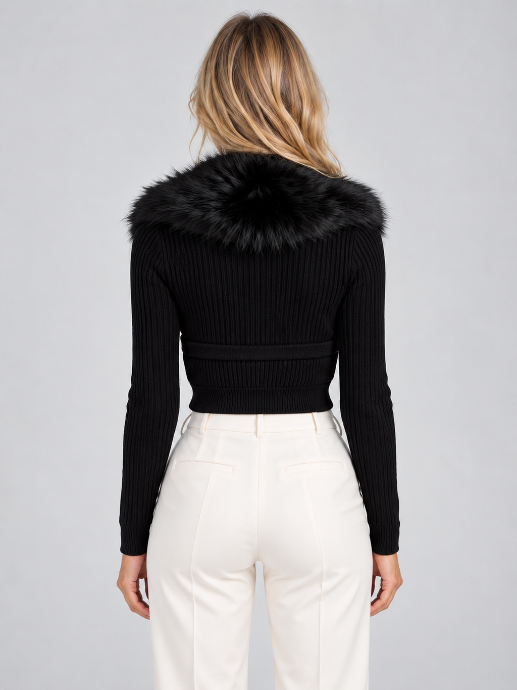 Women’s Plush Faux Fur Collar Cardigan – Ribbed Button Front Knitwear