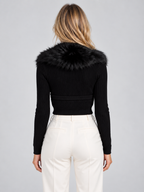 Women’s Plush Faux Fur Collar Cardigan – Ribbed Button Front Knitwear