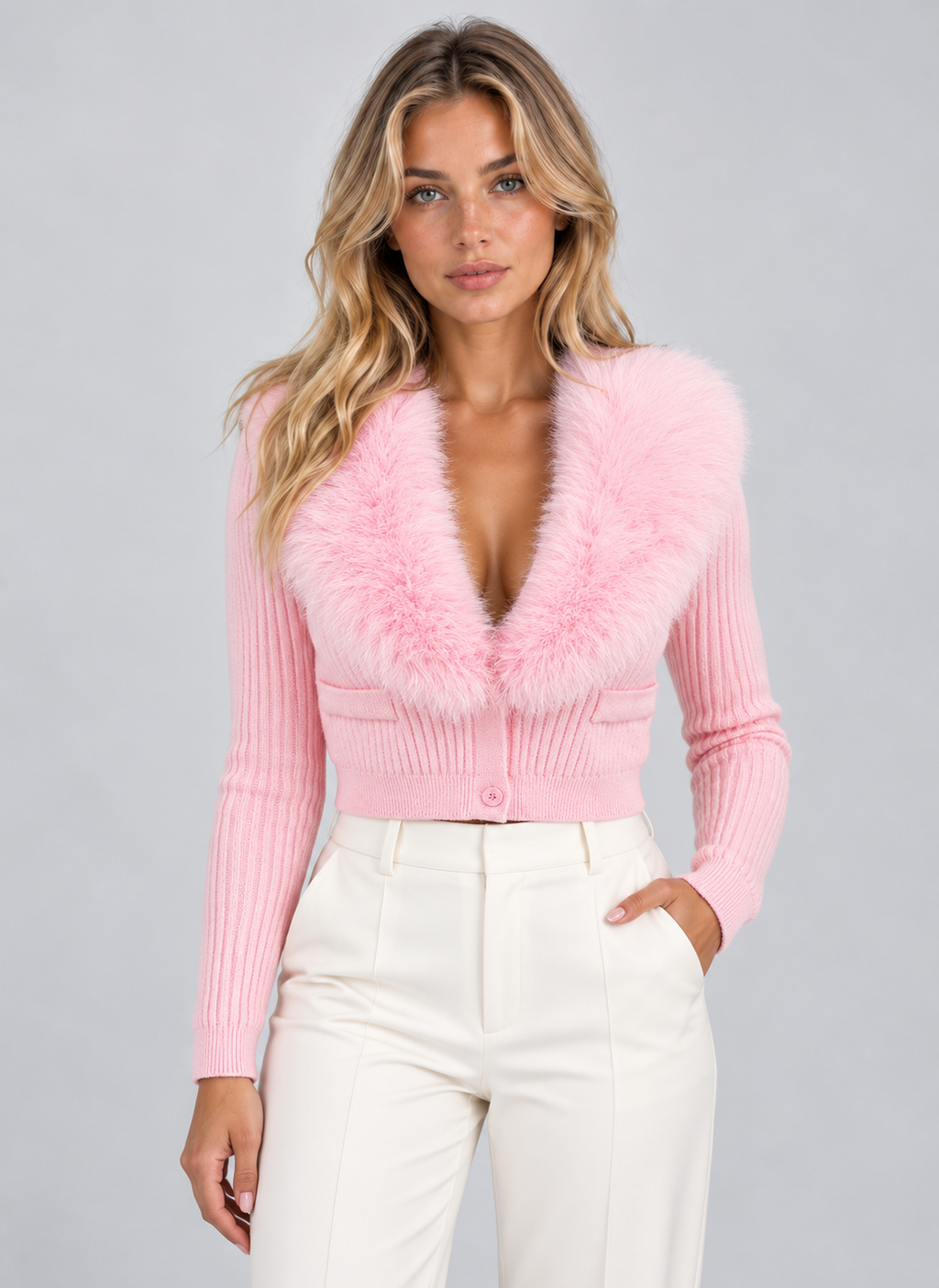 Women’s Plush Faux Fur Collar Cardigan – Ribbed Button Front Knitwear