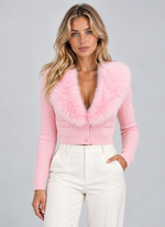 Women’s Plush Faux Fur Collar Cardigan – Ribbed Button Front Knitwear