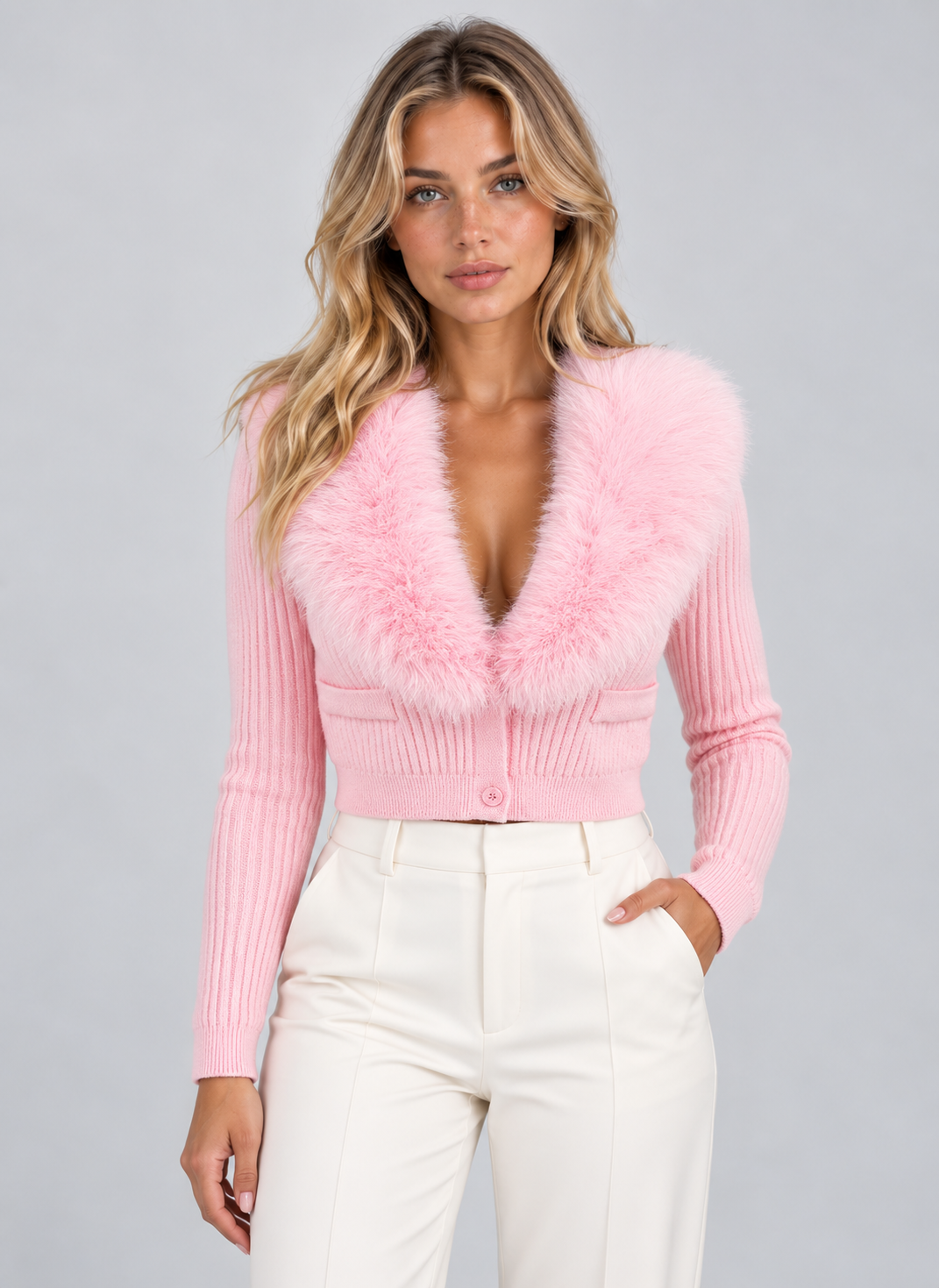 Women’s Plush Faux Fur Collar Cardigan – Ribbed Button Front Knitwear