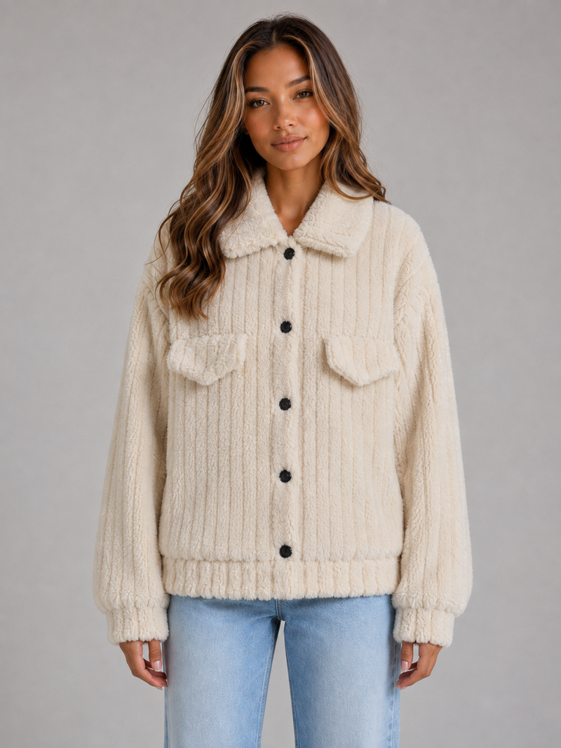 Women’s Plush Teddy Jacket – Button-Up Collared Fleece Cardigan