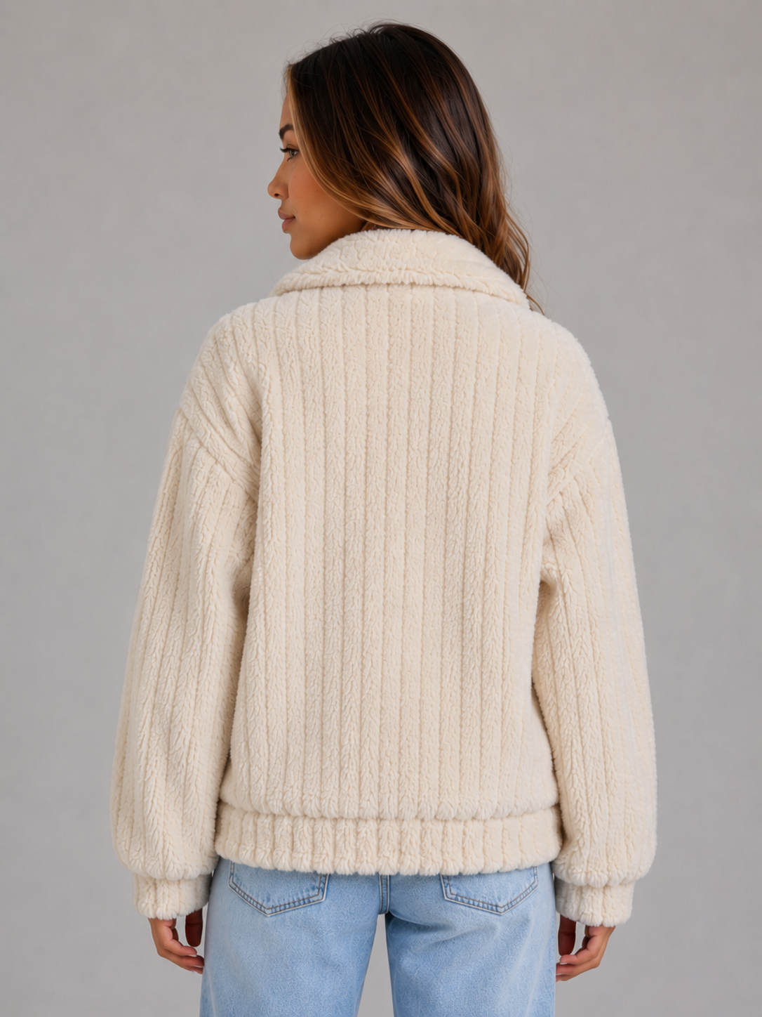 Women’s Plush Teddy Jacket – Button-Up Collared Fleece Cardigan