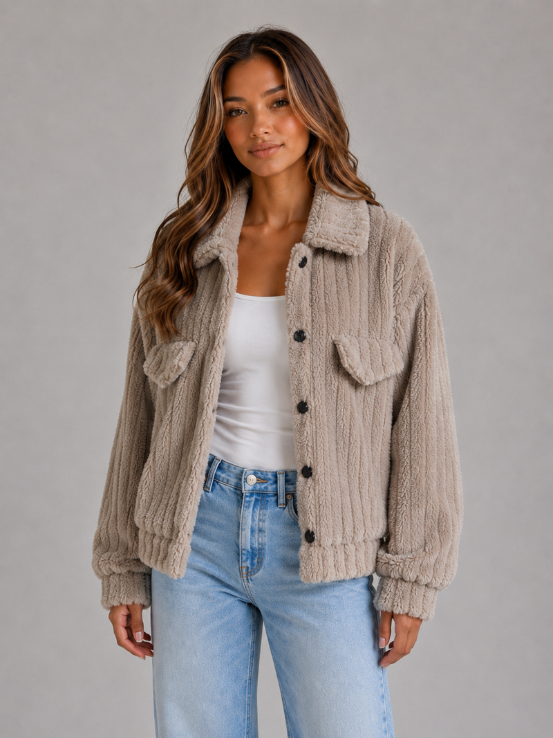 Women’s Plush Teddy Jacket – Button-Up Collared Fleece Cardigan