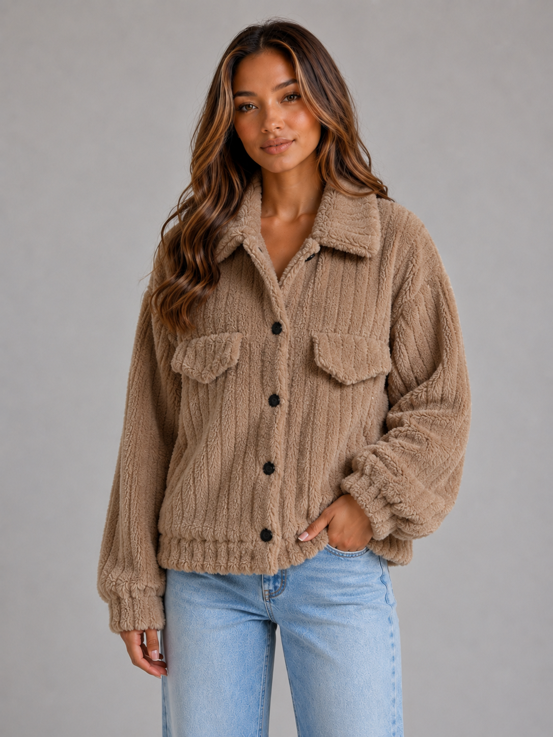 Women’s Plush Teddy Jacket – Button-Up Collared Fleece Cardigan