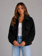 Women’s Plush Teddy Jacket – Button-Up Collared Fleece Cardigan