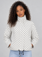 Women’s Polka Dot Cropped Jacket – Zip Up High Collar Drawstring Coat