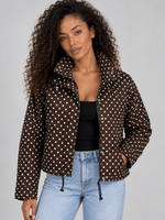 Women’s Polka Dot Cropped Jacket – Zip Up High Collar Drawstring Coat