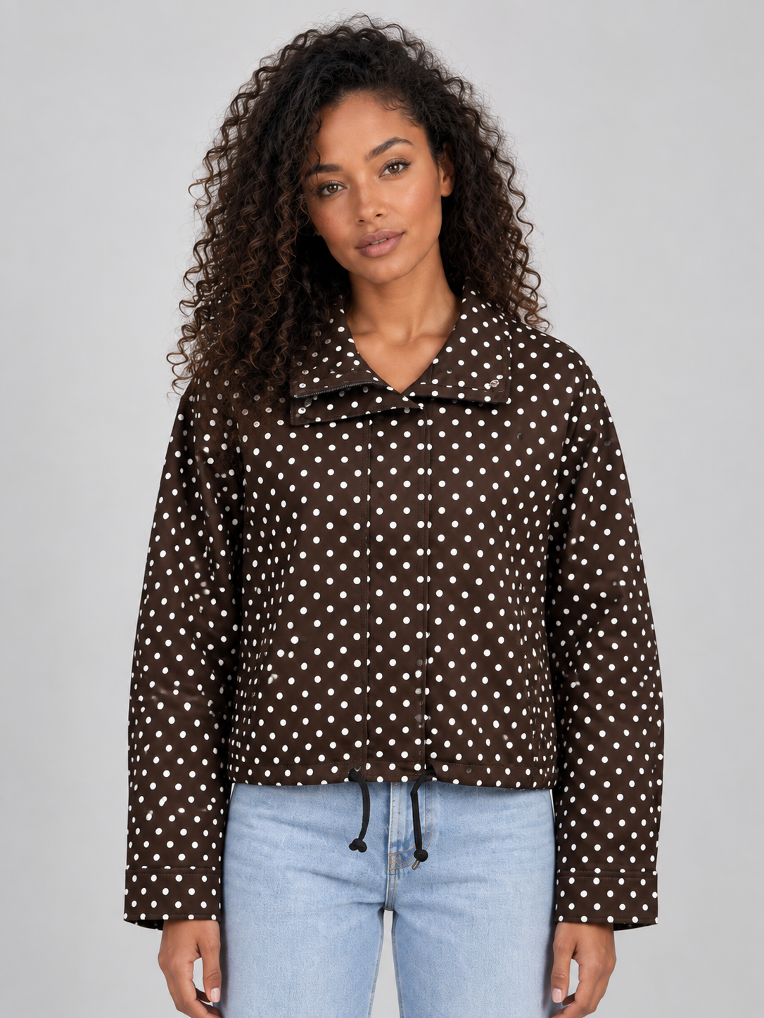 Women’s Polka Dot Cropped Jacket – Zip Up High Collar Drawstring Coat