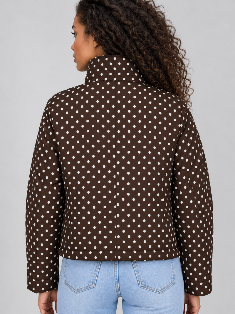 Women’s Polka Dot Cropped Jacket – Zip Up High Collar Drawstring Coat