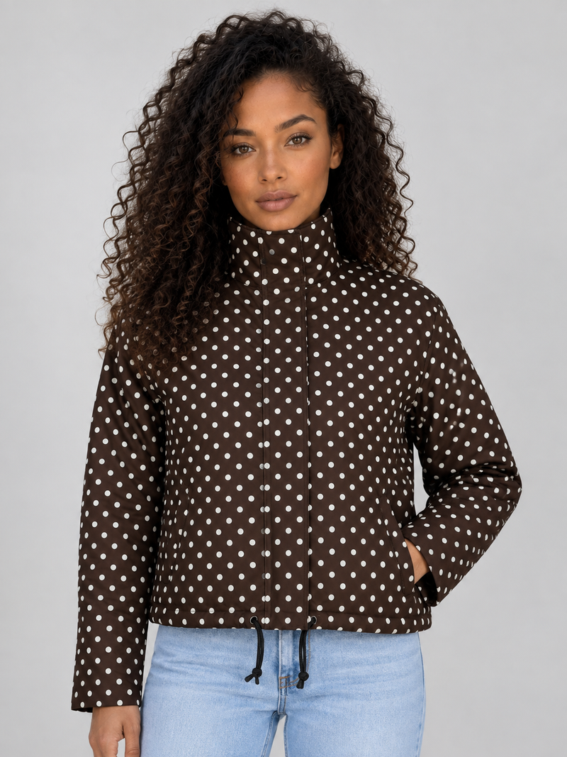 Women’s Polka Dot Cropped Jacket – Zip Up High Collar Drawstring Coat