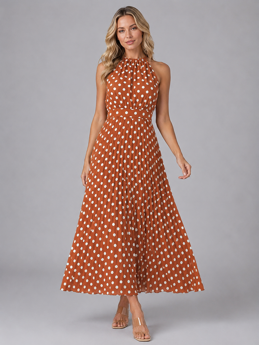 Women’s Polka Dot Halter Midi Dress – Relaxed Summer Style