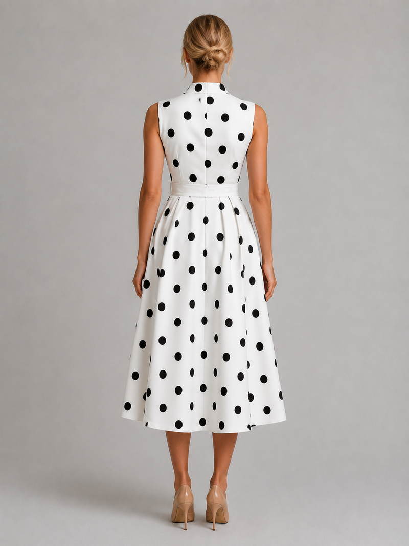 Women’s Polka Dot Midi Dress – Sleeveless V-Neck Summer Style
