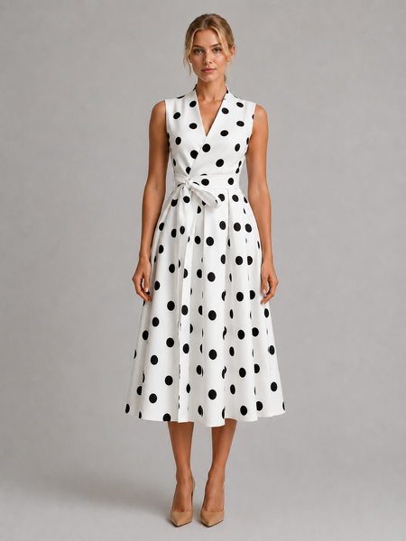 Women's Polka Dot Midi Dress – Sleeveless V-Neck Summer Style – Montleigh