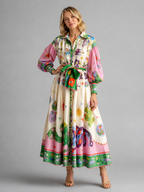 Women’s Printed Maxi Shirt Dress – Belted Artistic Summer Style