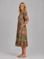 Women's Printed V-Neck Midi Dress – Relaxed Pocket Dress