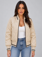 Women’s Quilted Bomber Jacket – Ribbed High Neck Zip-Up Coat