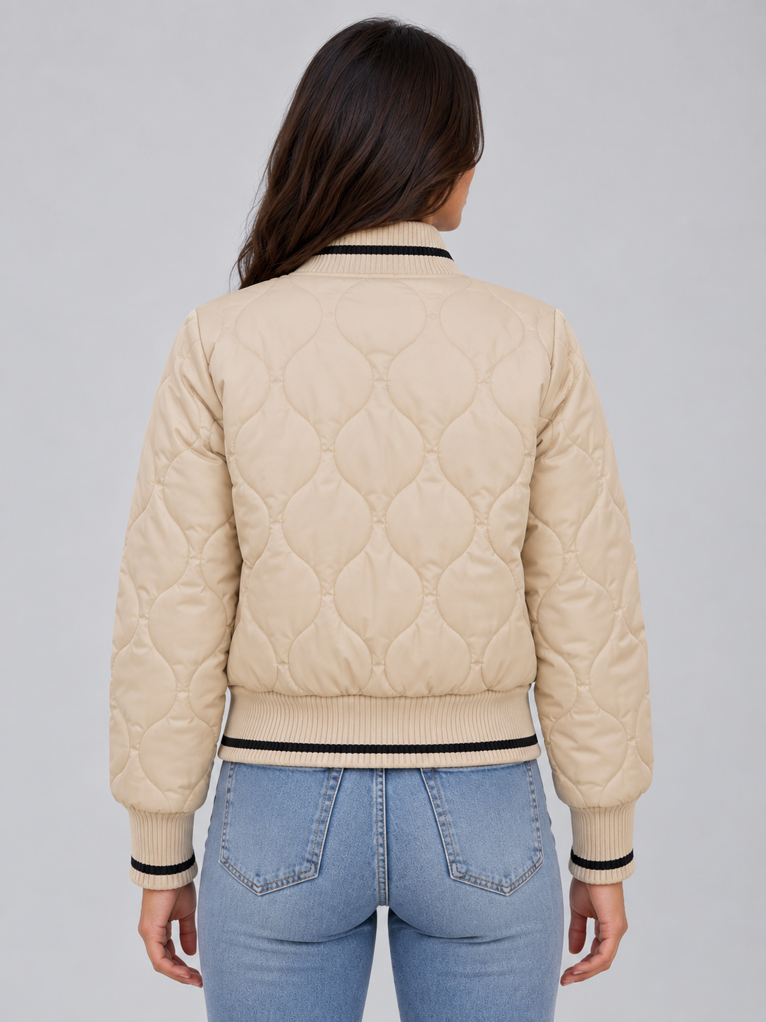 Women’s Quilted Bomber Jacket – Ribbed High Neck Zip-Up Coat