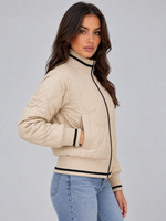 Women’s Quilted Bomber Jacket – Ribbed High Neck Zip-Up Coat