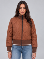Women’s Quilted Bomber Jacket – Ribbed High Neck Zip-Up Coat
