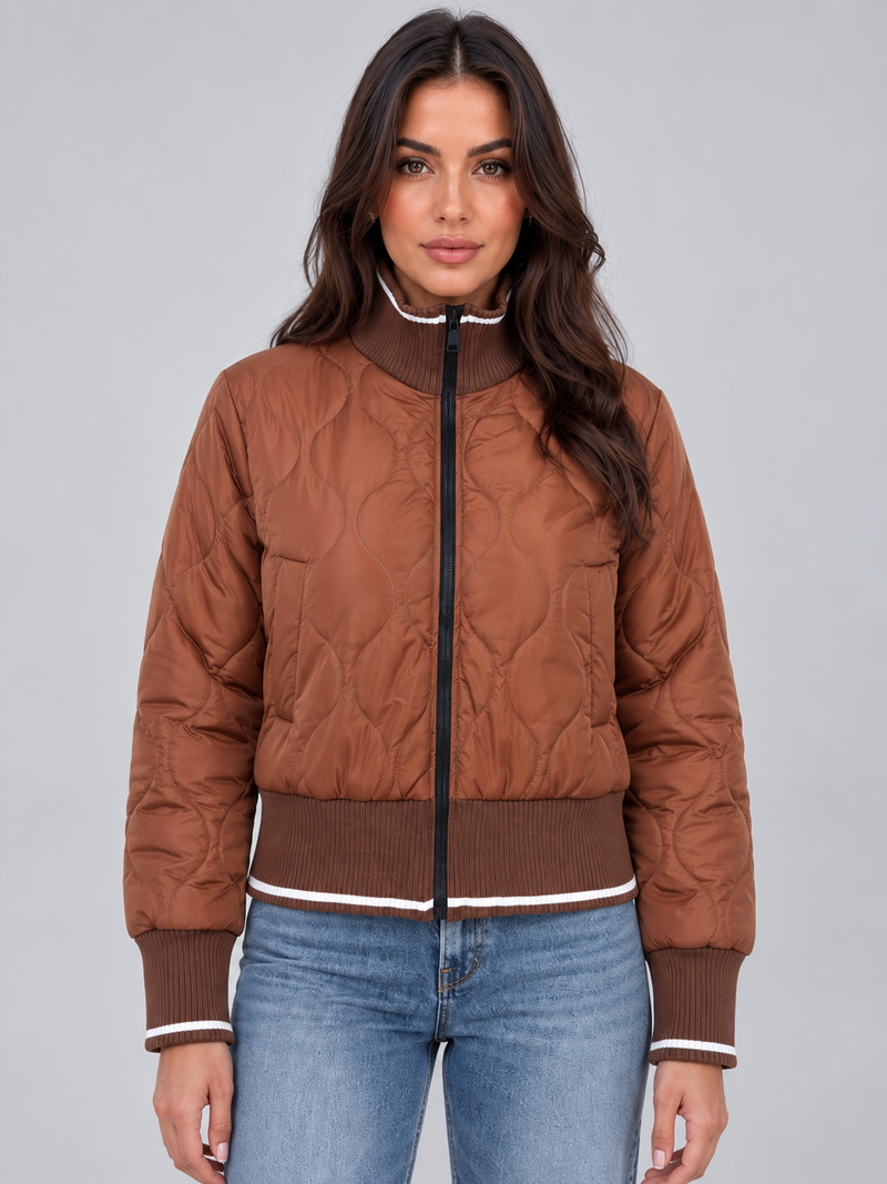 Women’s Quilted Bomber Jacket – Ribbed High Neck Zip-Up Coat