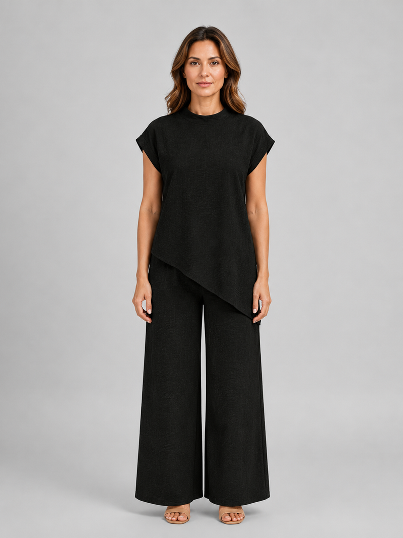Women's Relaxed Co-Ord Set – Asymmetric Top & Wide Leg Trousers