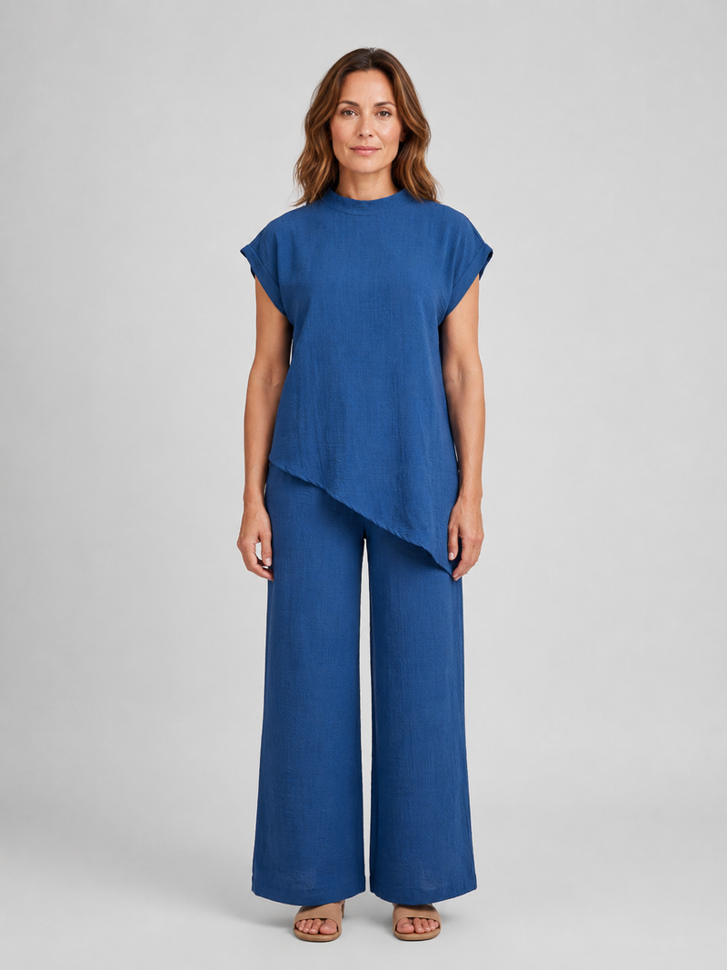 Women's Relaxed Co-Ord Set – Asymmetric Top & Wide Leg Trousers