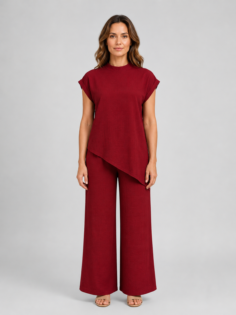 Women's Relaxed Co-Ord Set – Asymmetric Top & Wide Leg Trousers