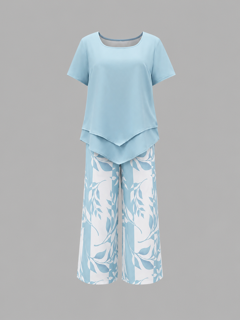 Women's Relaxed Two-Piece Set – Layered Top & Wide Leg Trousers