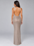 Women’s Rhinestone Maxi Dress – Square Neck Open Back Evening Gown