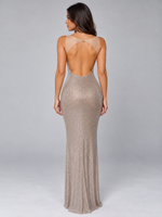 Women’s Rhinestone Maxi Dress – Square Neck Open Back Evening Gown