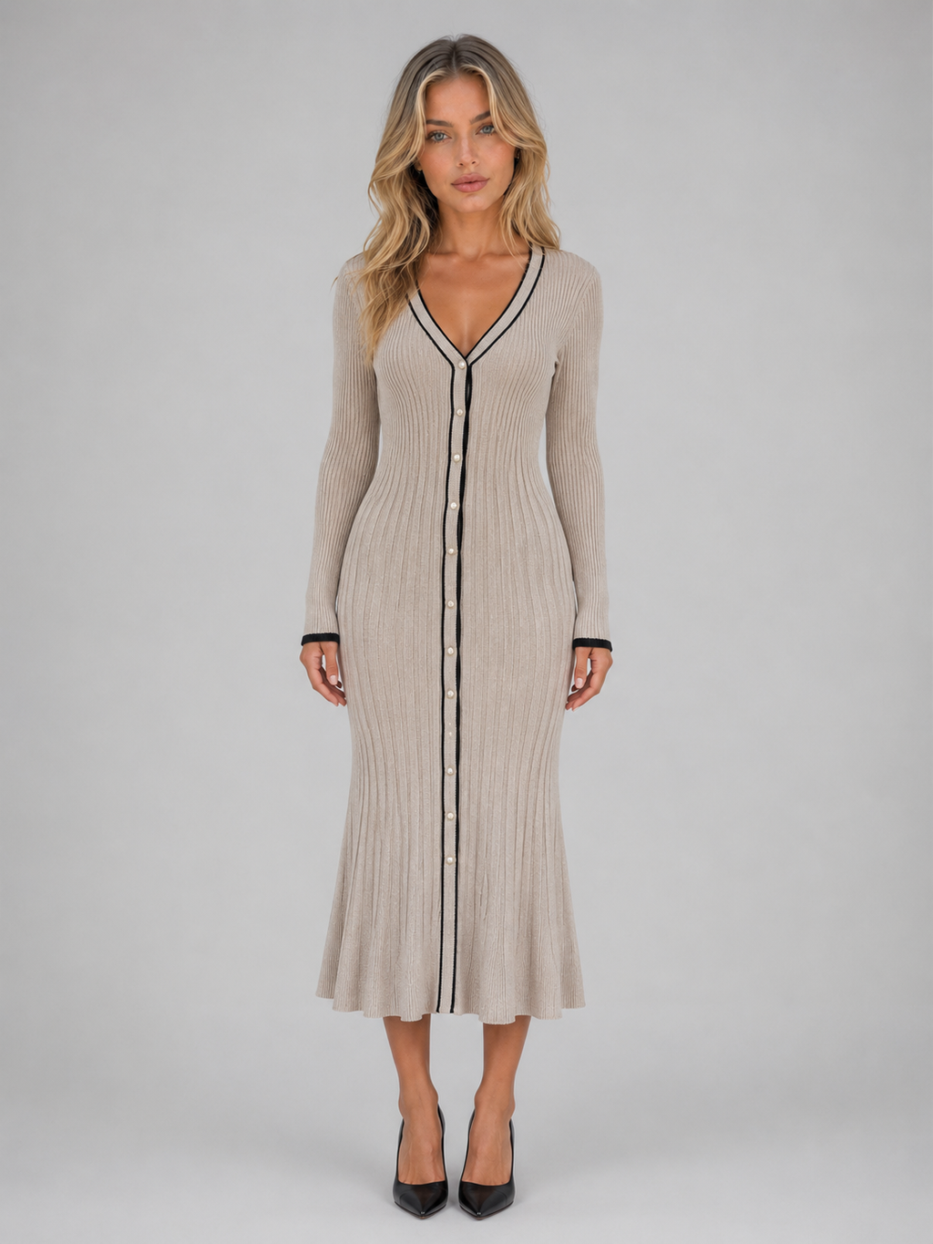 Women’s Ribbed Button Front Midi Dress – V-Neck Long Sleeve Knitted Style
