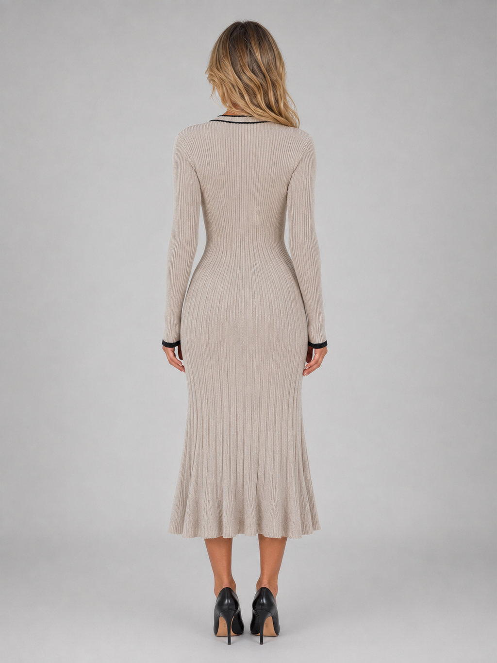 Women’s Ribbed Button Front Midi Dress – V-Neck Long Sleeve Knitted Style