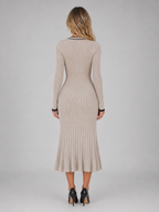 Women’s Ribbed Button Front Midi Dress – V-Neck Long Sleeve Knitted Style