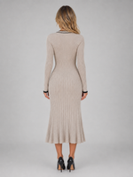 Women’s Ribbed Button Front Midi Dress – V-Neck Long Sleeve Knitted Style