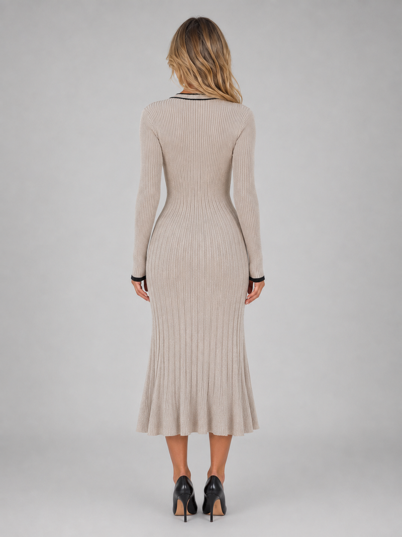 Women’s Ribbed Button Front Midi Dress – V-Neck Long Sleeve Knitted Style