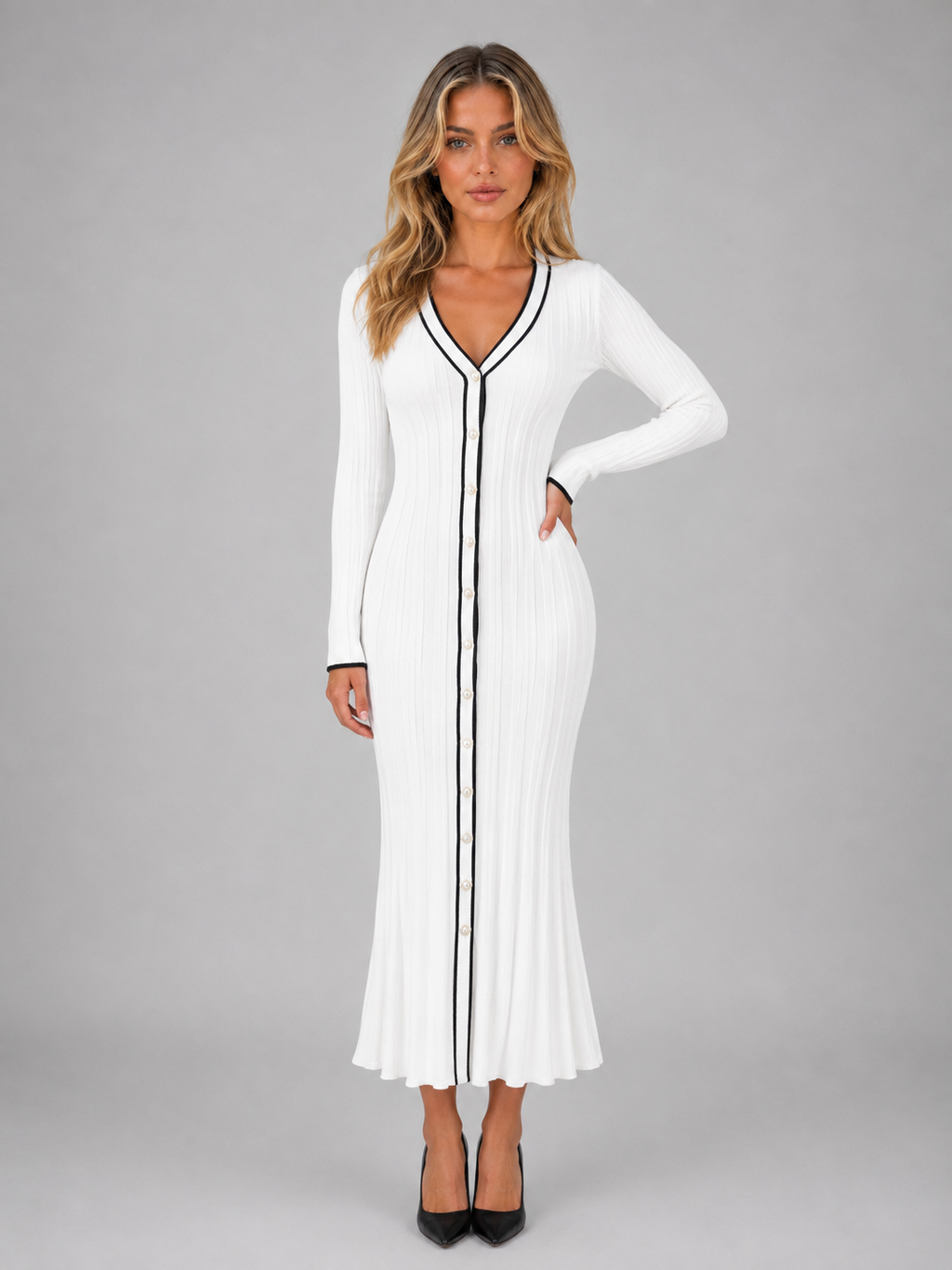 Women’s Ribbed Button Front Midi Dress – V-Neck Long Sleeve Knitted Style