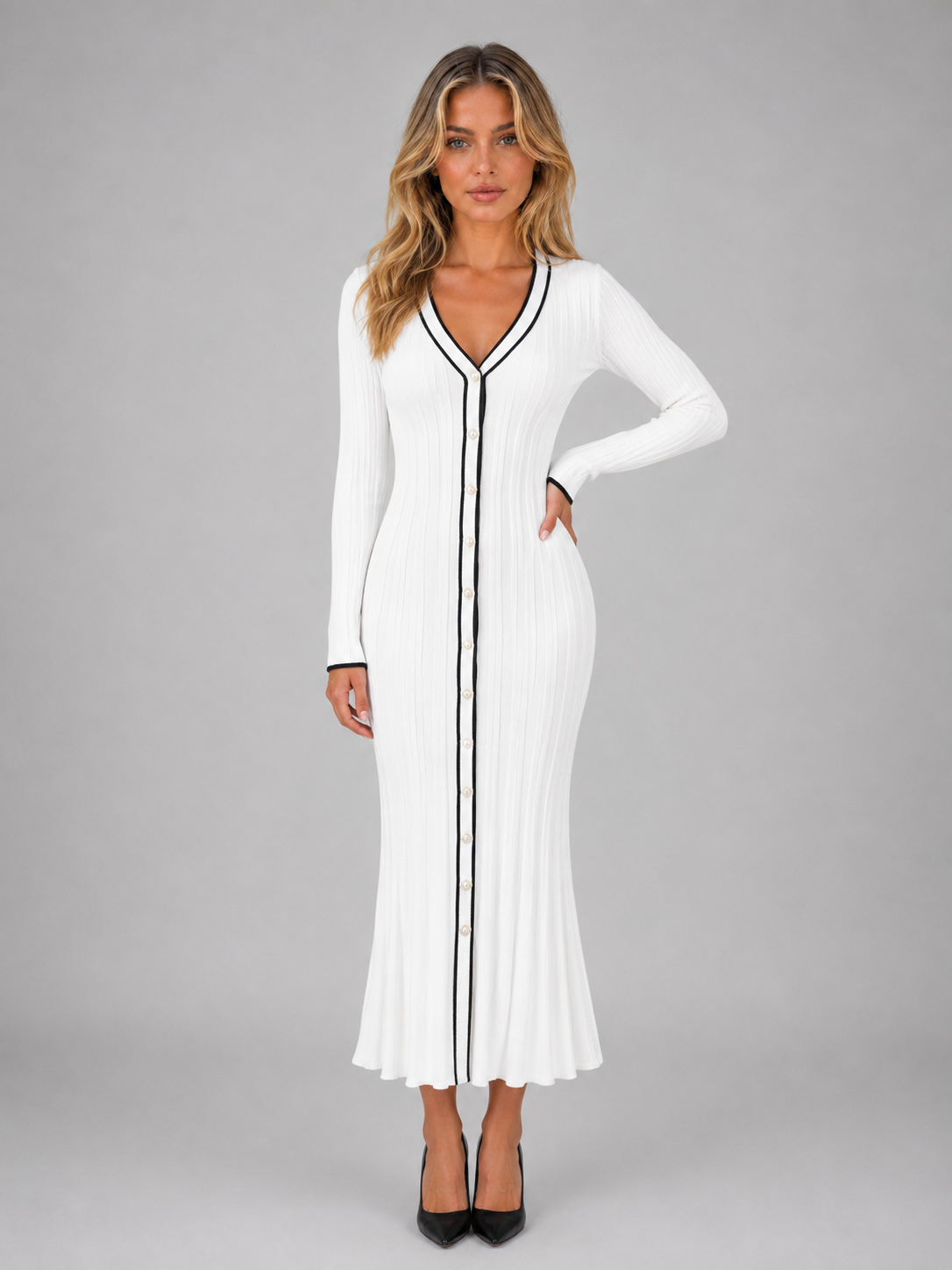 Women’s Ribbed Button Front Midi Dress – V-Neck Long Sleeve Knitted Style