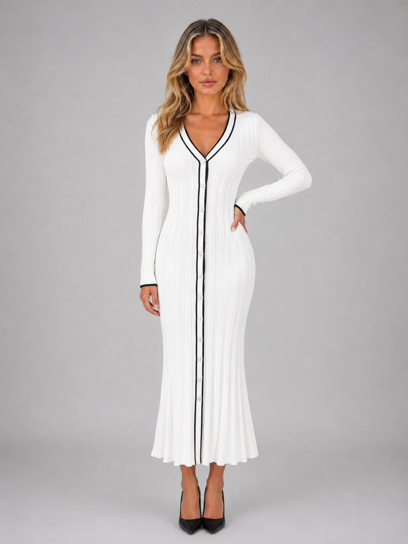 Women’s Ribbed Button Front Midi Dress – V-Neck Long Sleeve Knitted Style
