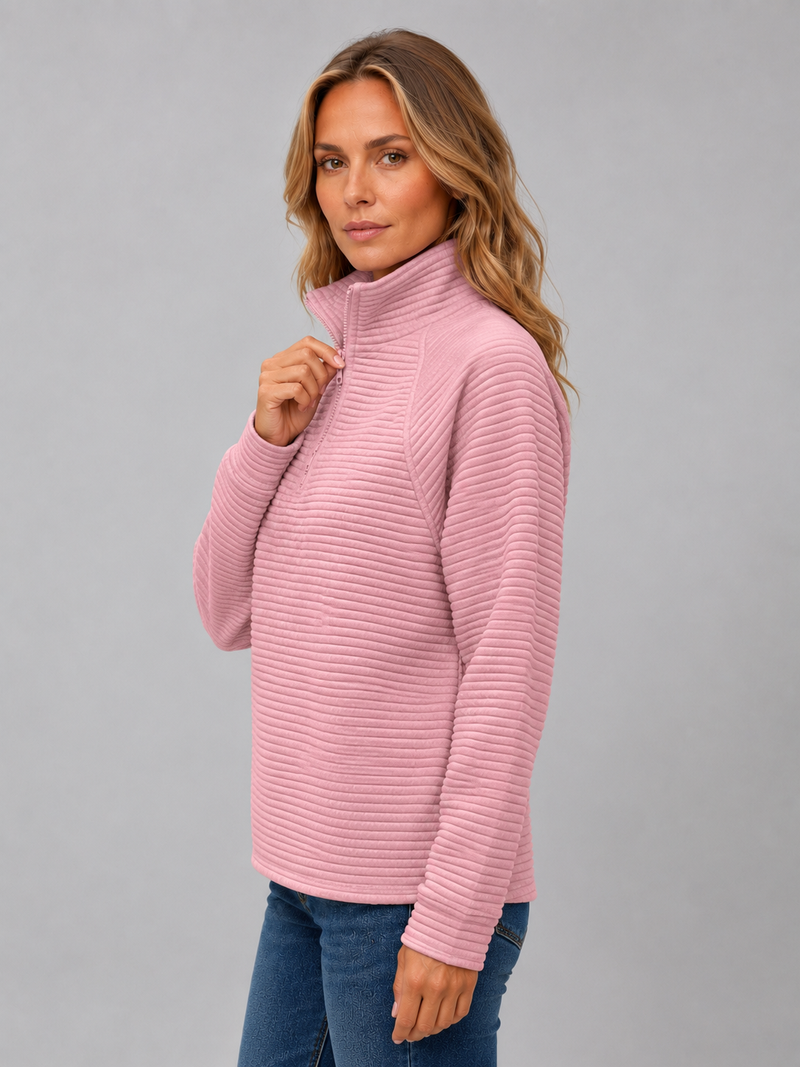 Women's Ribbed Half-Zip Pullover – Casual Knit Zip Neck Jumper