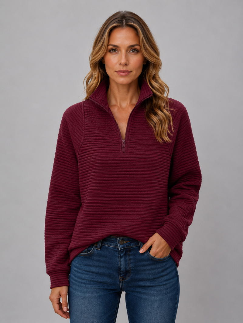 Women's Ribbed Half-Zip Pullover – Casual Knit Zip Neck Jumper