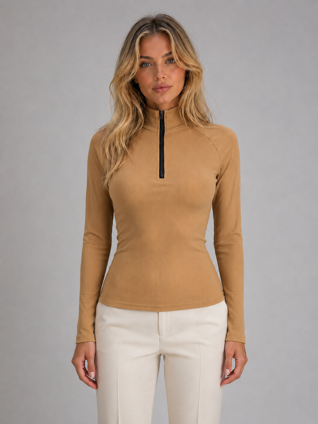 Women's Ribbed Half Zip Top – High Neck Long Sleeve