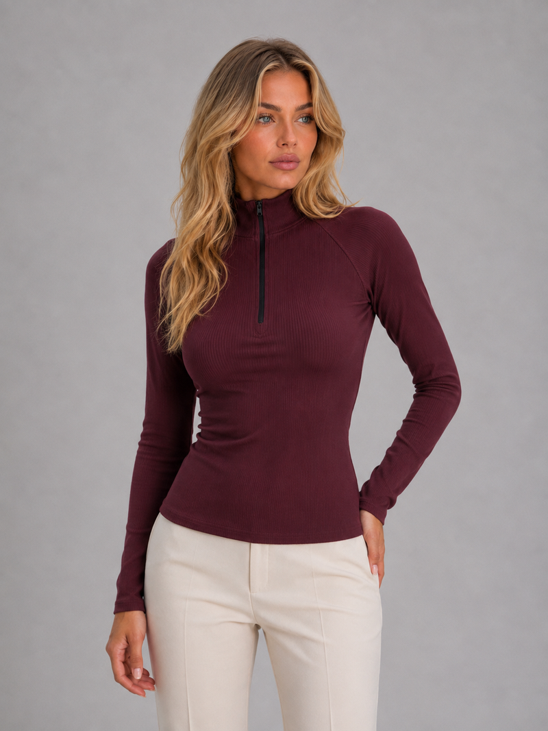 Women's Ribbed Half Zip Top – High Neck Long Sleeve